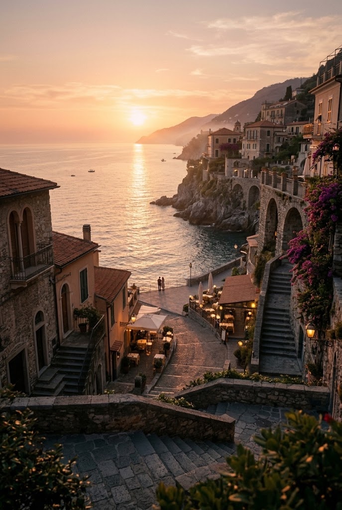 Romantic coastal town sunset cinematic movie aesthetic wallpaper