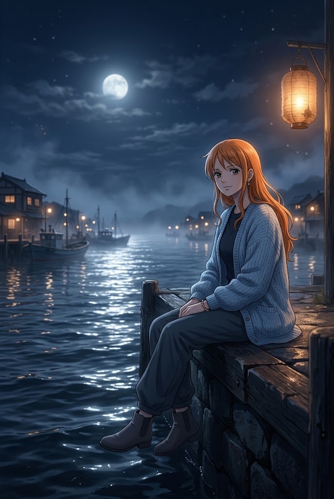 Nami One Piece night harbor moonlight anime wallpaper