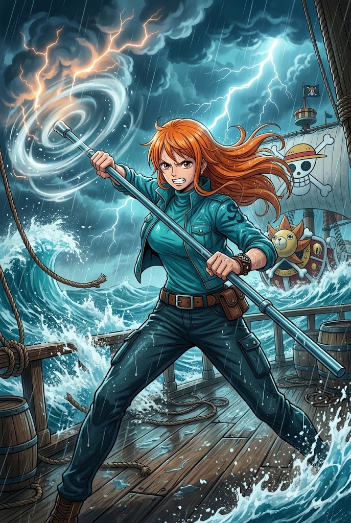 Nami One Piece storm Thousand Sunny anime wallpaper