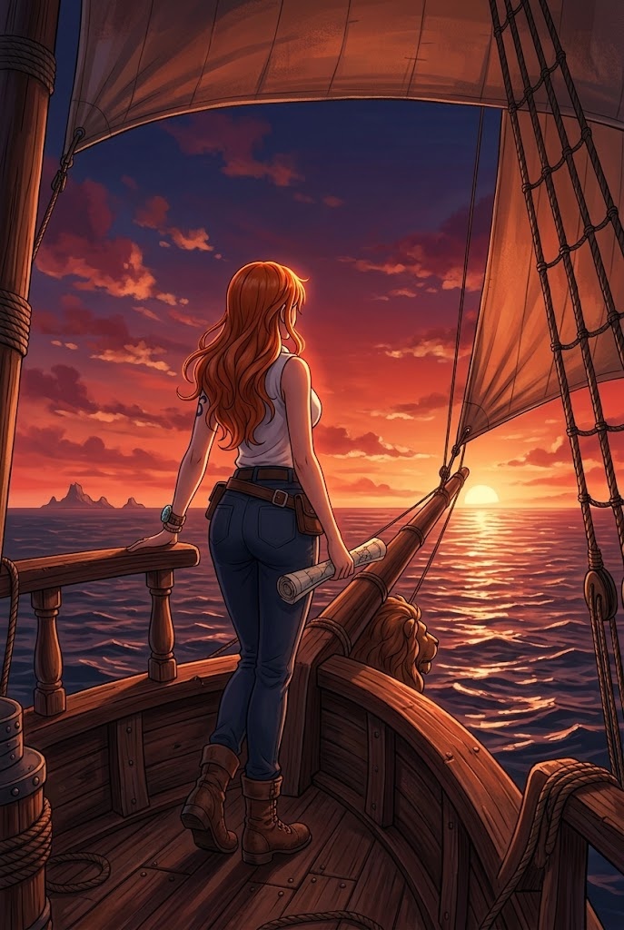 Nami One Piece sunset bow ship anime wallpaper