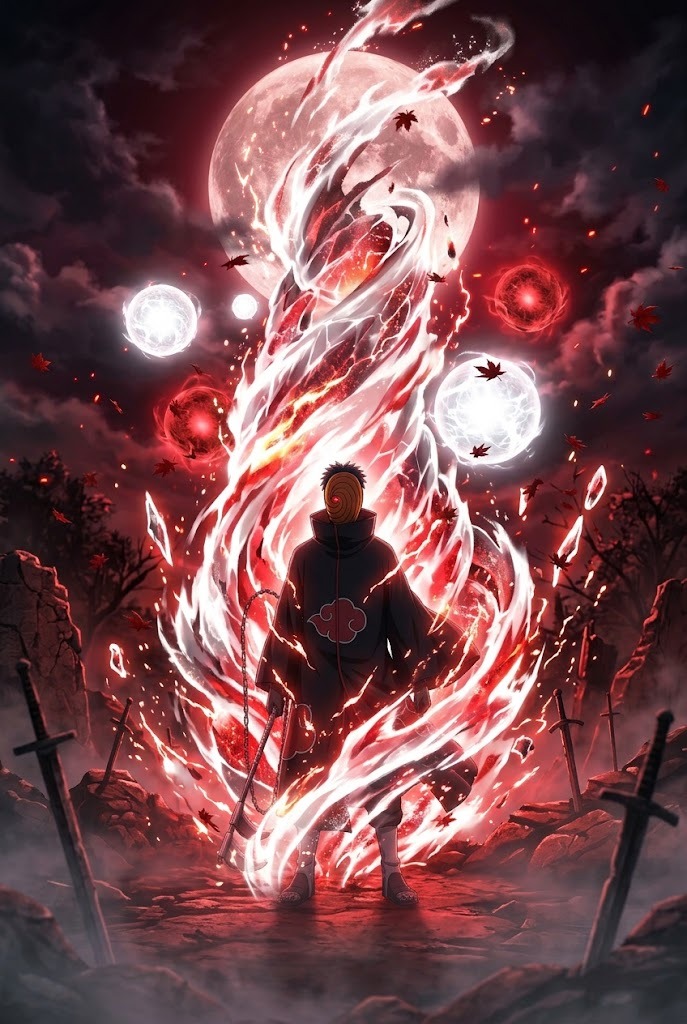 Obito Uchiha in Akatsuki cloak under glowing red moon 4K wallpaper