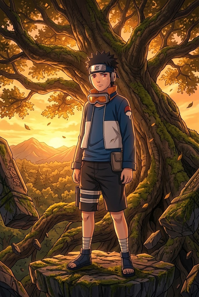 Obito Uchiha childhood Konoha shinobi outfit at sunset under tree 4K wallpaper