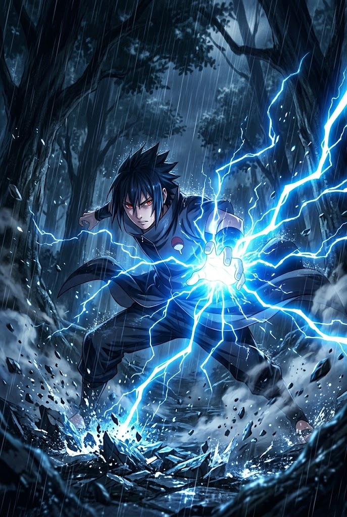 Sasuke Uchiha Chidori lightning storm forest wallpaper