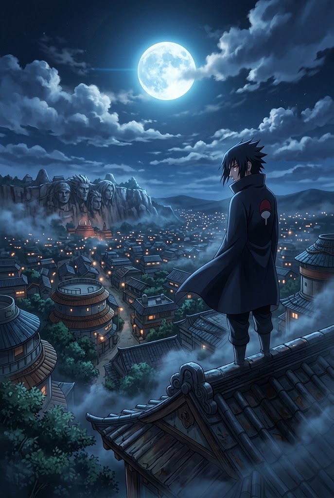 Sasuke Uchiha Konoha rooftop moonlight aesthetic wallpaper