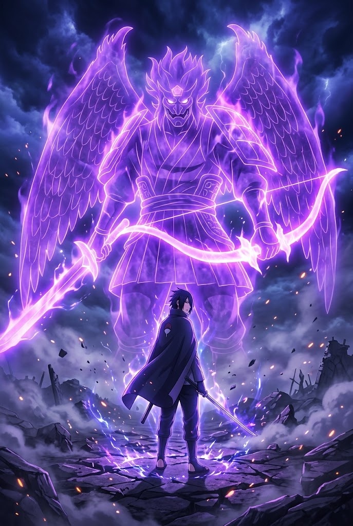 Sasuke Uchiha Perfect Susanoo purple aura battlefield wallpaper