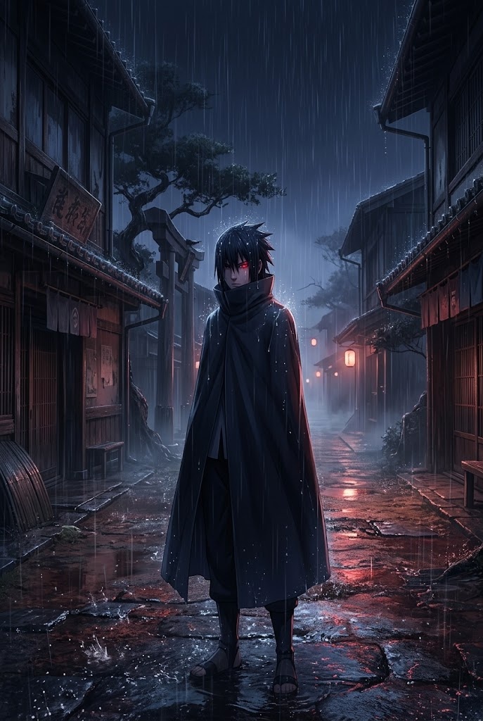 Sasuke Uchiha rainy night street Sharingan aesthetic wallpaper