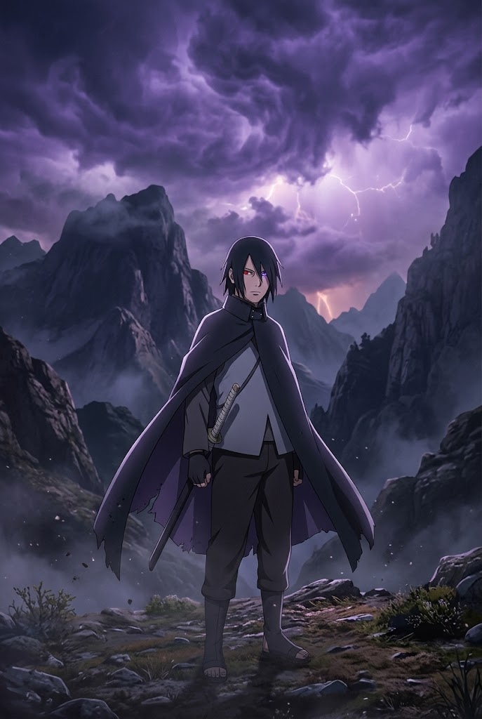 Sasuke Uchiha Rinnegan Sharingan purple storm mountains wallpaper