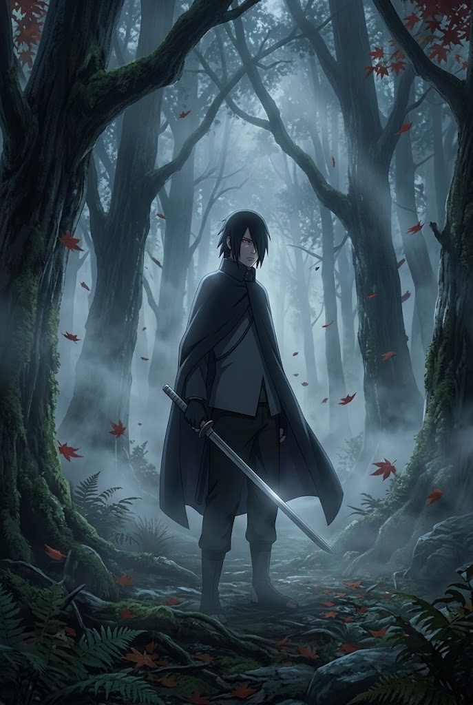 Sasuke Uchiha sword misty forest autumn leaves wallpaper