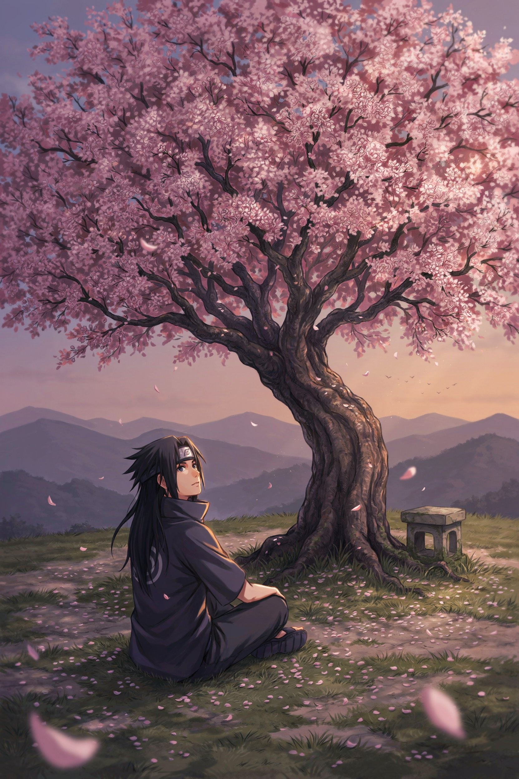 Sasuke Uchiha under cherry blossom tree anime scenery wallpaper