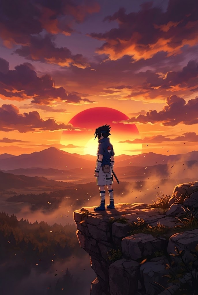 Young Sasuke cliff crimson sunset anime wallpaper