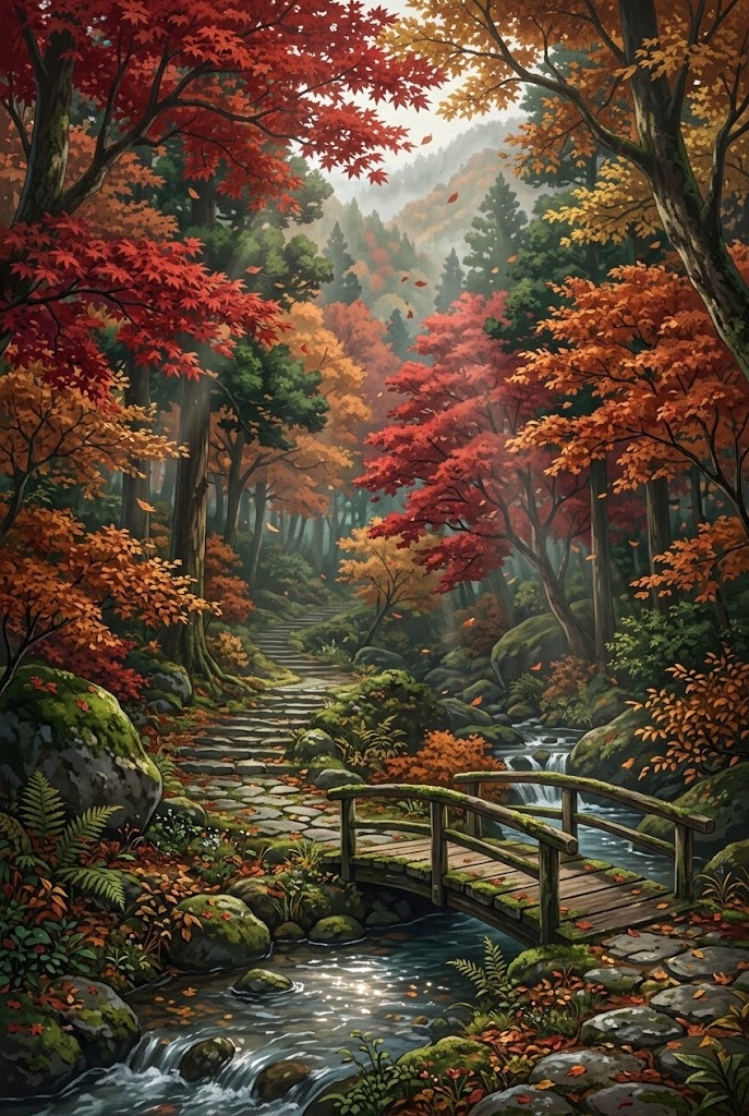 Japanese autumn forest stone path wooden bridge anime background wallpaper