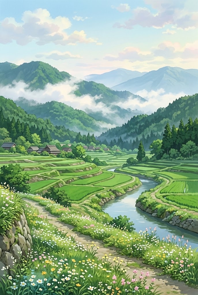 Japanese countryside valley rice terraces anime background wallpaper