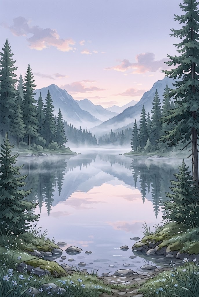 Pristine mountain lake dawn forest anime background wallpaper