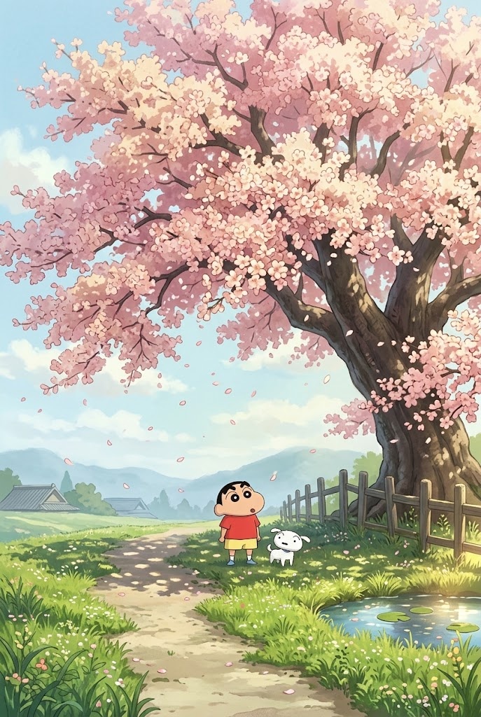 Shin-chan sakura tree cherry blossom Japanese anime phone wallpaper
