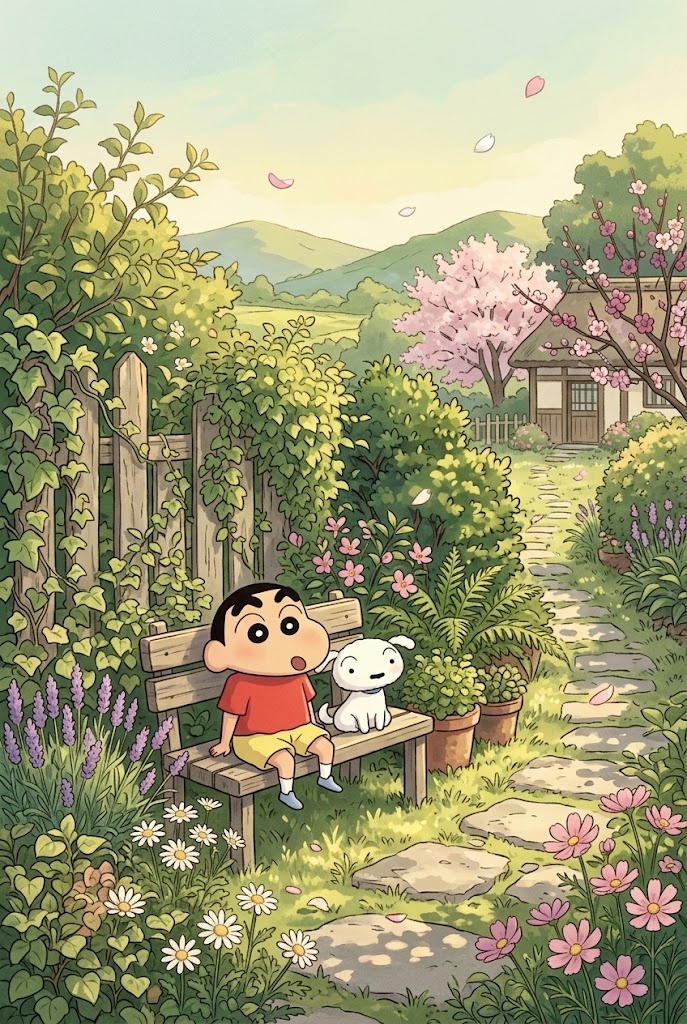 Shin-chan Shiro garden bench cottage anime phone wallpaper