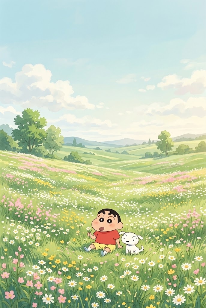 Shin-chan Shiro meadow spring landscape anime phone wallpaper