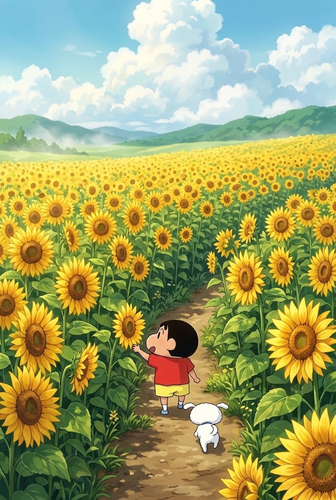 Shin-chan sunflower field countryside path anime phone wallpaper