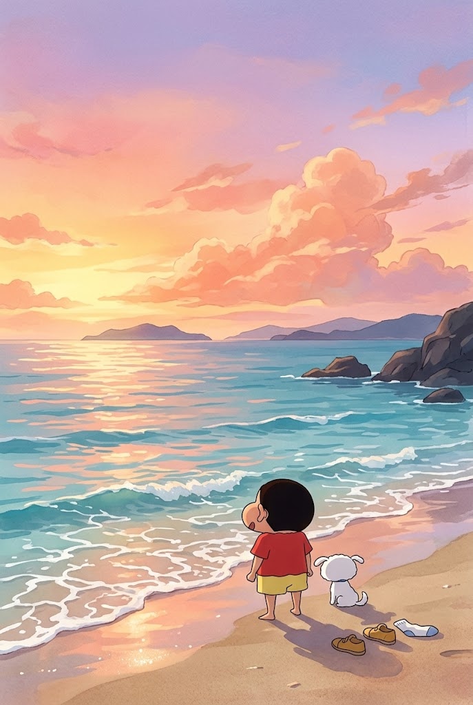 Shin-chan sunset beach ocean aesthetic anime phone wallpaper