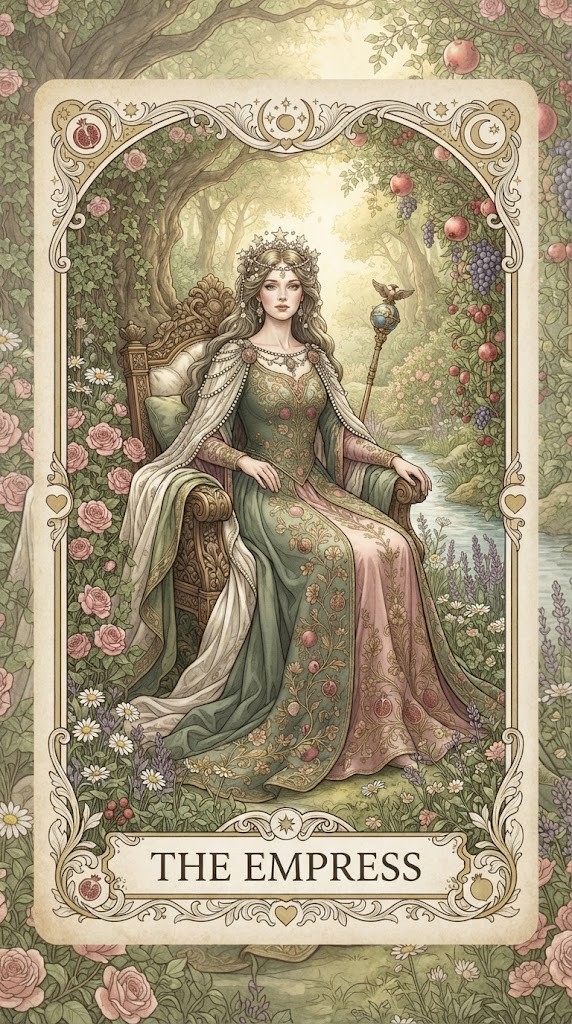 The Empress tarot card wallpaper seated in a lush botanical garden