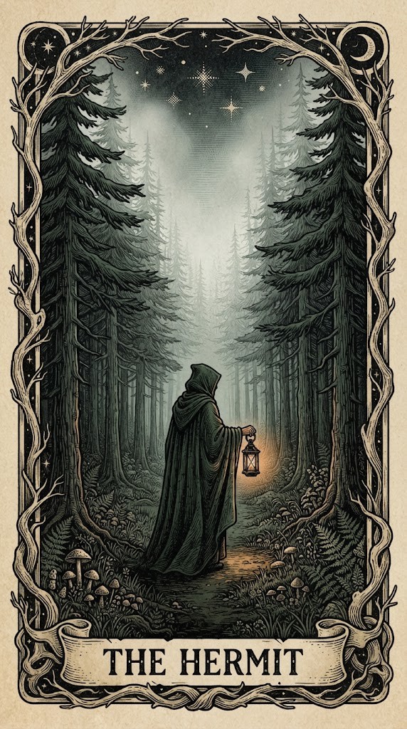 The Hermit tarot card wallpaper holding a glowing lantern on a mountain peak