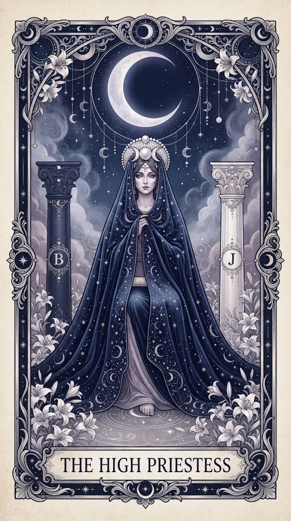 The High Priestess tarot card wallpaper seated between dual pillars