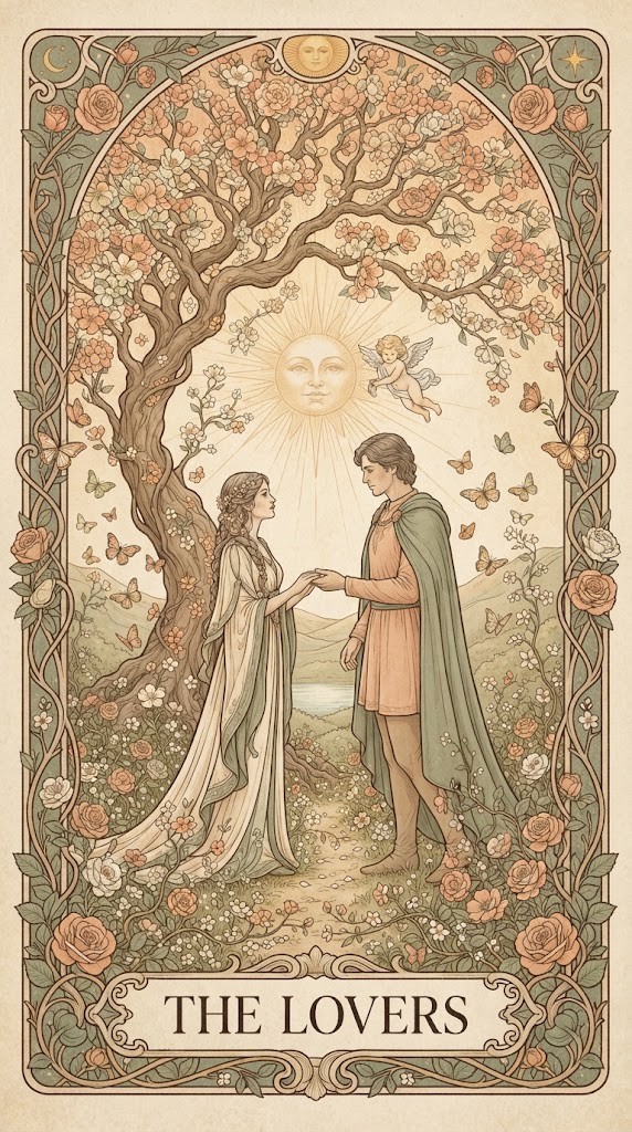The Lovers tarot card wallpaper beneath a radiant angel and sunlit clouds
