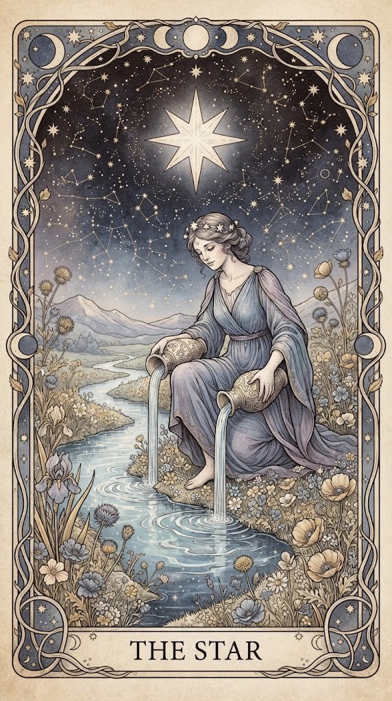 The Star tarot card wallpaper with eight-pointed stars and tranquil stream