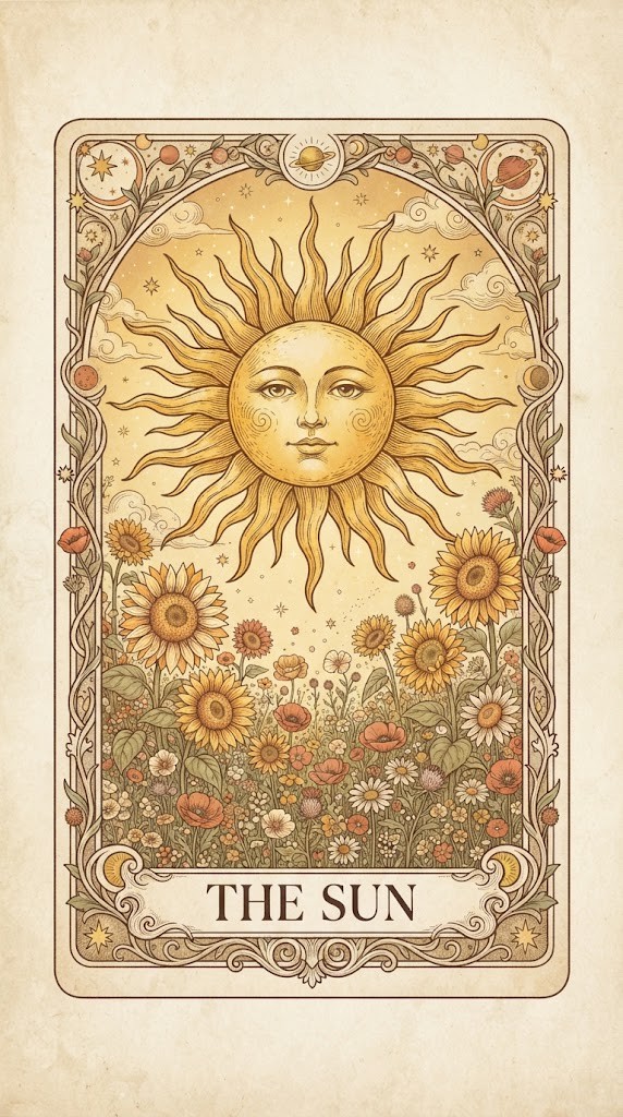 The Sun tarot card wallpaper with blooming sunflowers and golden rays