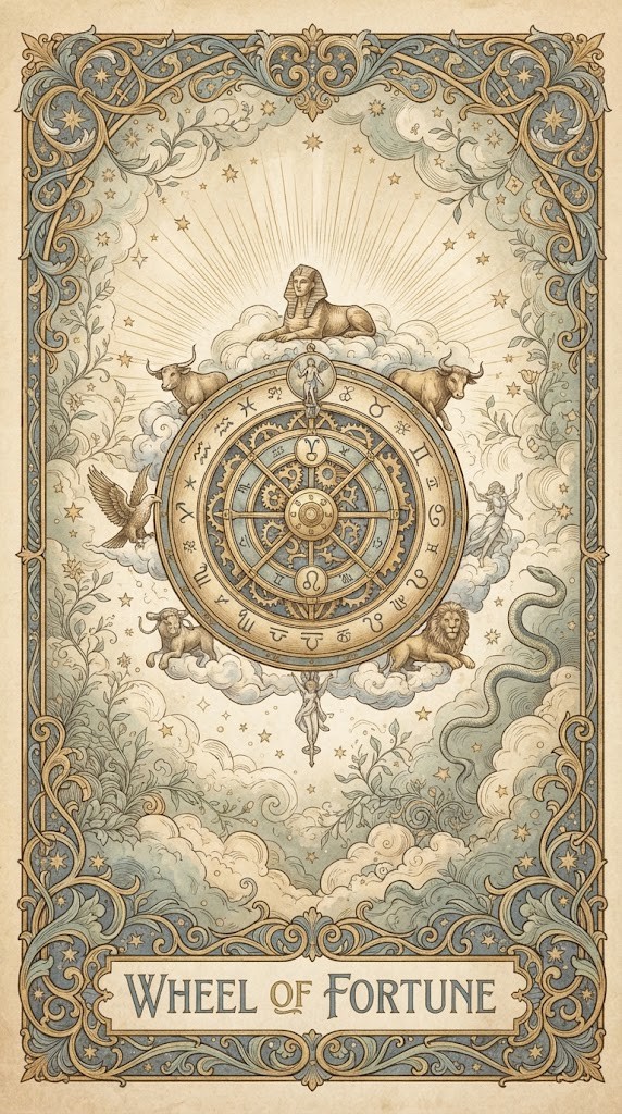 Wheel of Fortune tarot card wallpaper with alchemical symbols and clouds