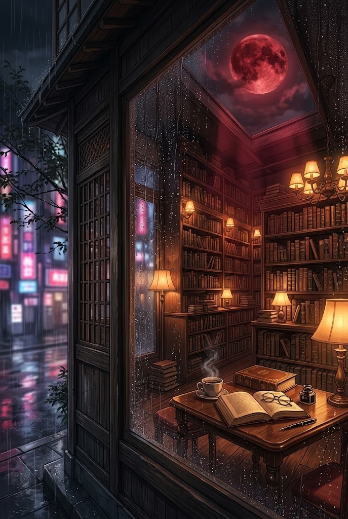 Cozy rainy bookstore with red moon through window Tokyo Ghoul aesthetic wallpaper
