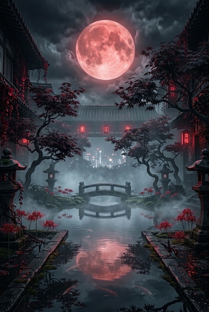 Dark Japanese garden aesthetic with crimson red moon reflection landscape wallpaper