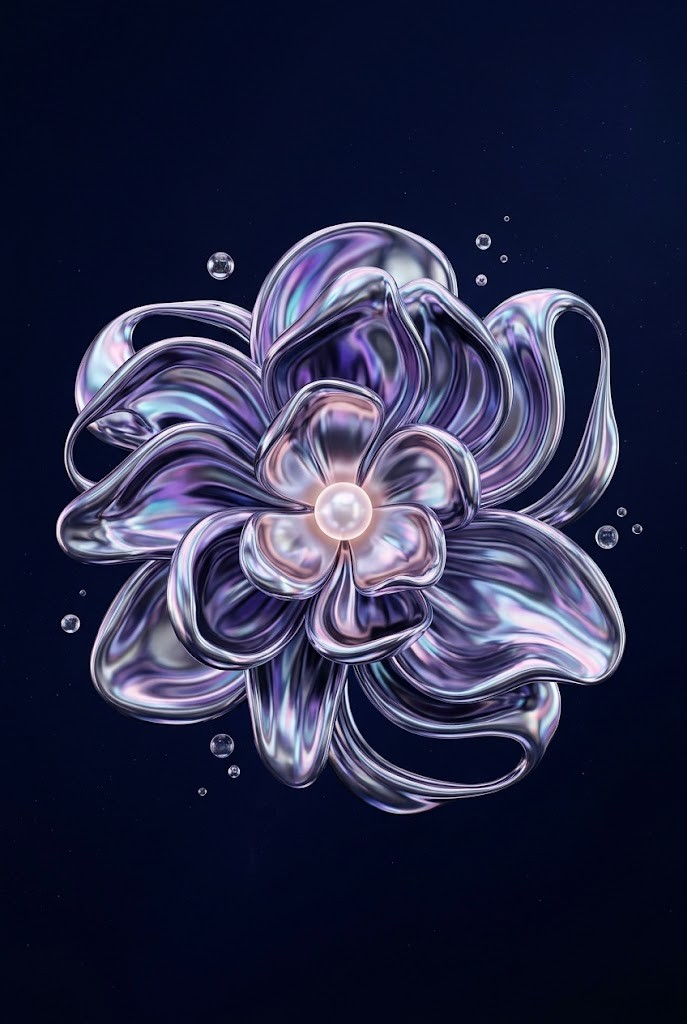 Liquid chrome surreal flower iridescent midnight 3D fantasy wallpaper