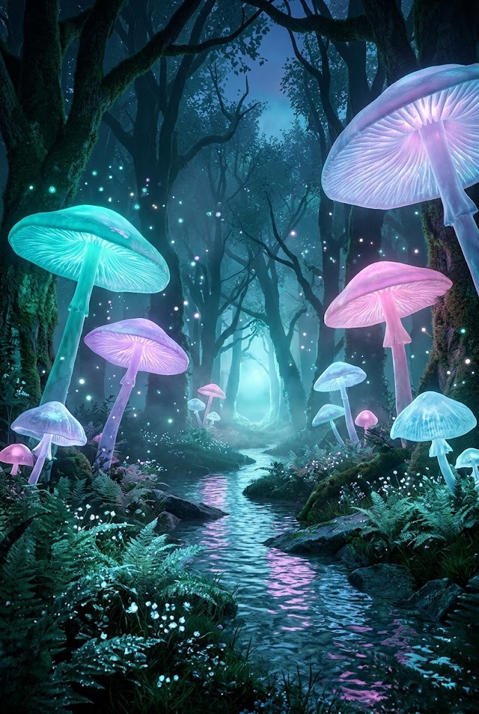 Mysterious bioluminescent forest glowing mushrooms stream fantasy wallpaper