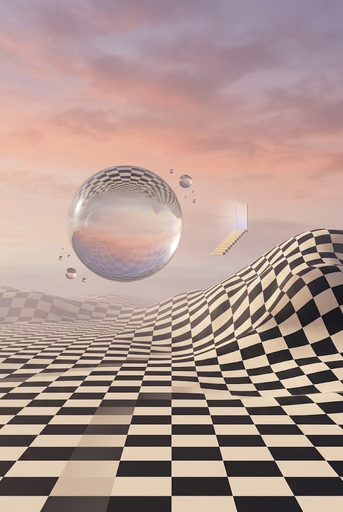 Surreal checkerboard wave landscape floating glass orb fantasy wallpaper