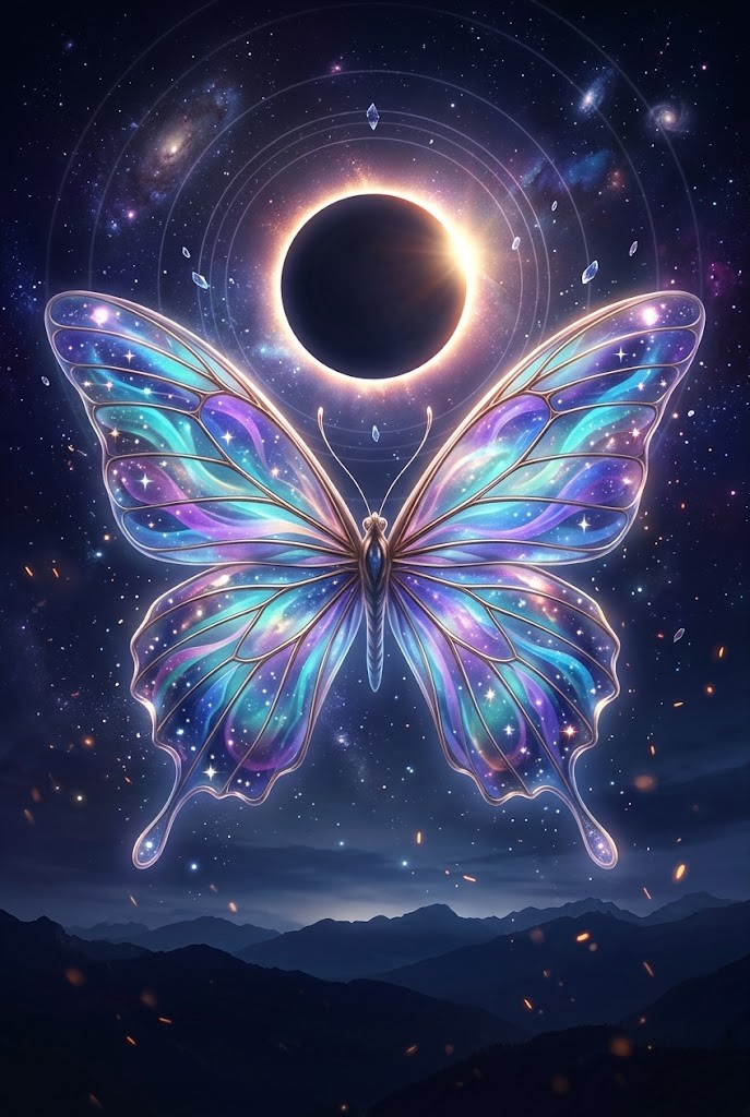 Surreal cosmic eclipse butterfly stained glass nebula wallpaper