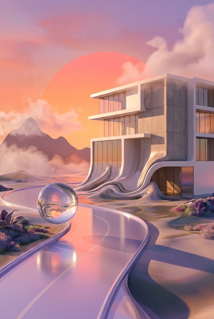 Surreal melting architecture sunset dreamscape aesthetic wallpaper