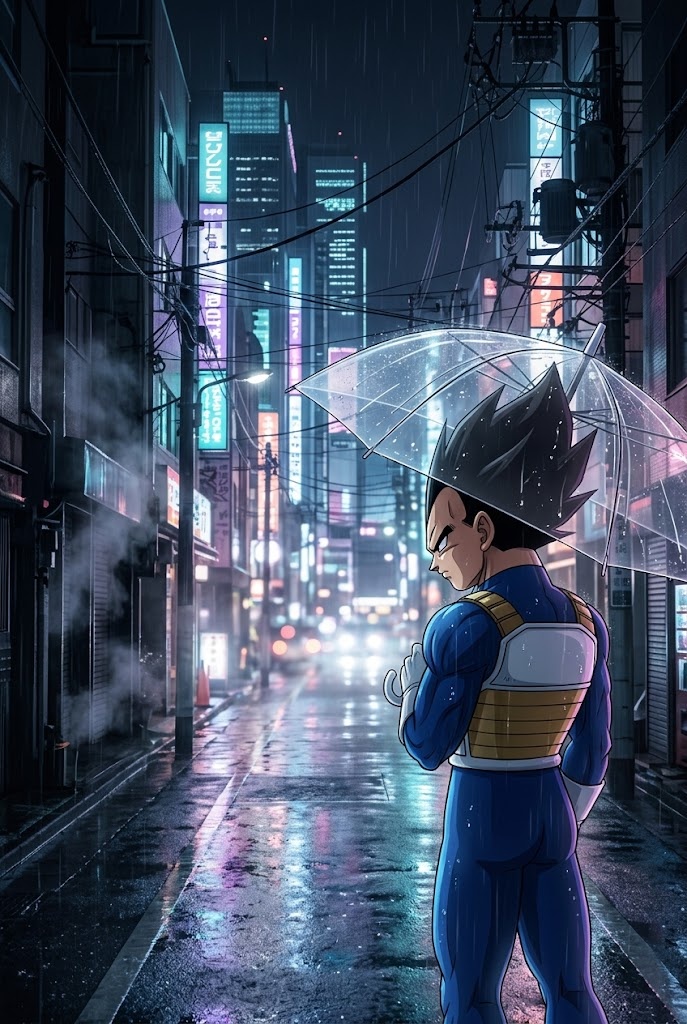 Vegeta rainy night Tokyo cyberpunk aesthetic anime phone wallpaper