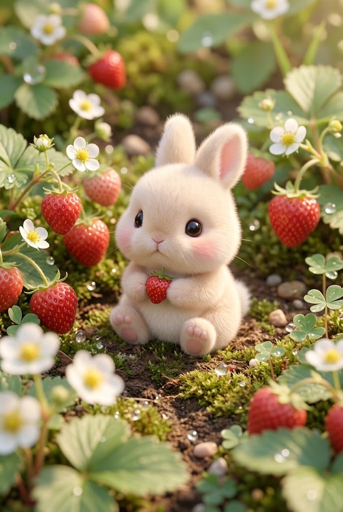 Cute baby bunny strawberry garden aesthetic wallpaper