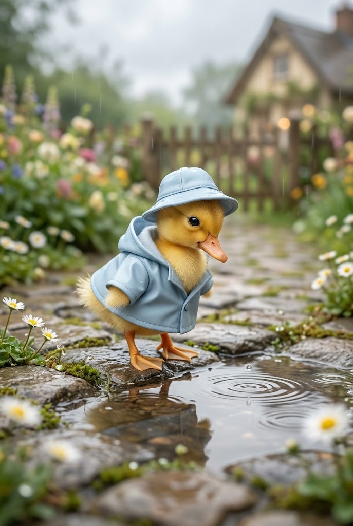Cute baby duckling in blue raincoat with yellow boots wallpaper