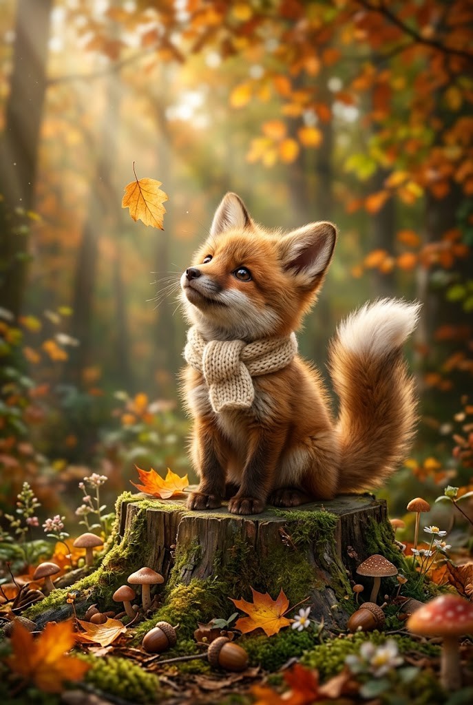 Cute baby fox autumn forest wallpaper with falling leaves
