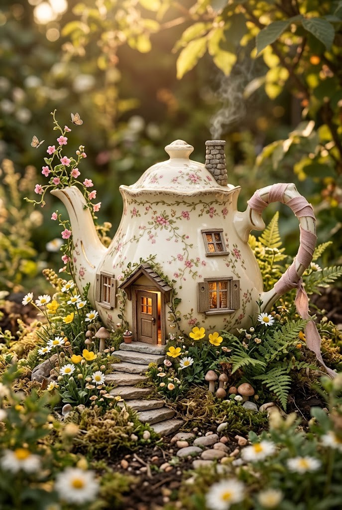 Cute floral teapot miniature cottage fairy garden wallpaper