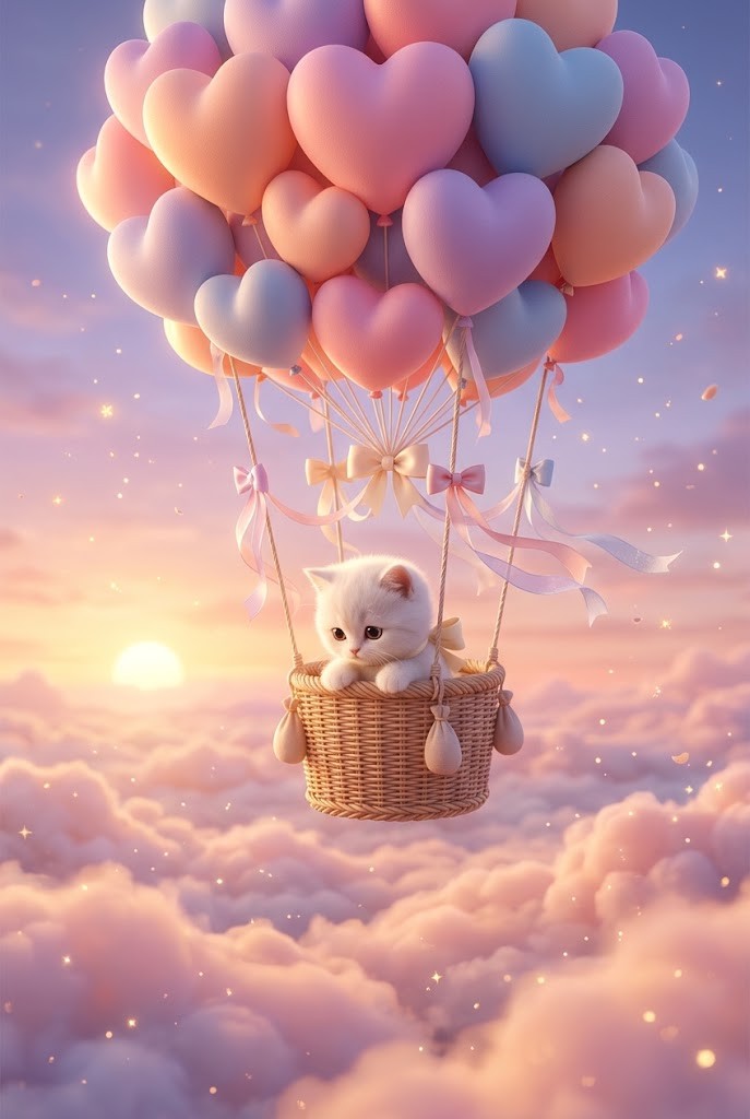 Cute kitten floating with heart balloons sunset wallpaper