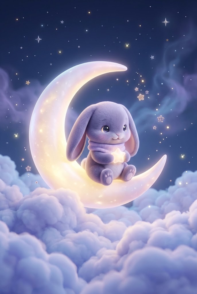 Cute lavender bunny sleeping on crescent moon cloud wallpaper