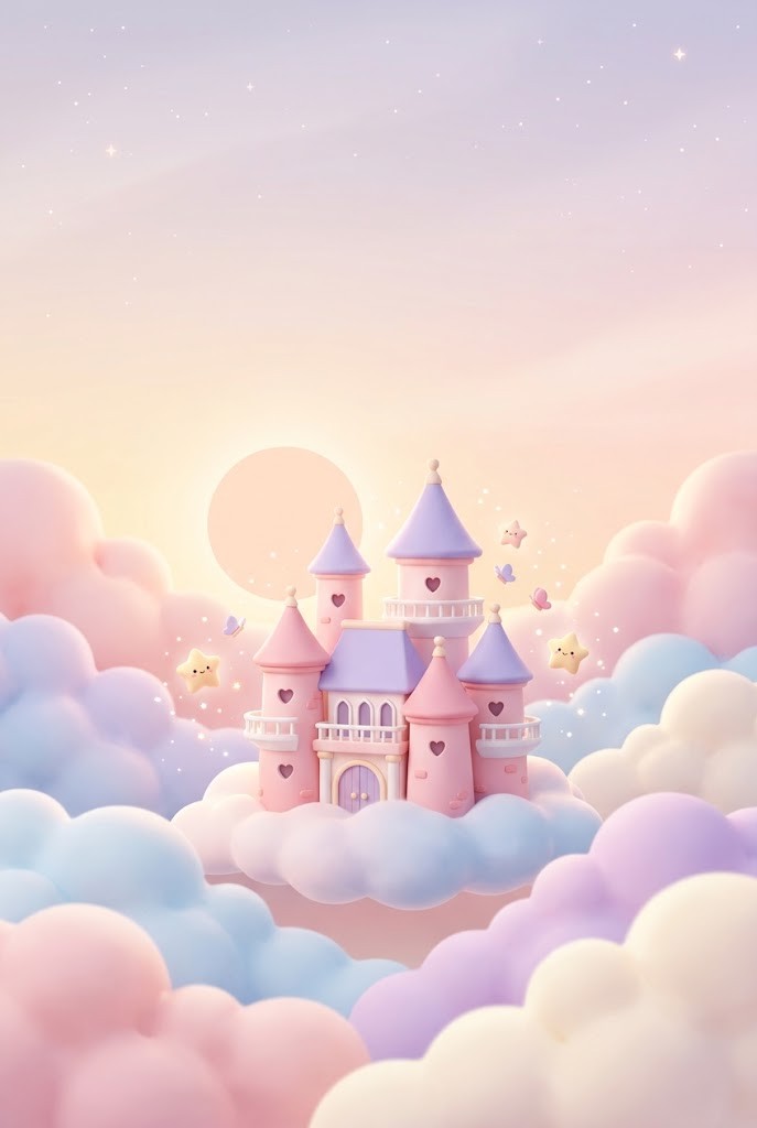 Pastel cloud castle cute aesthetic wallpaper with glowing towers