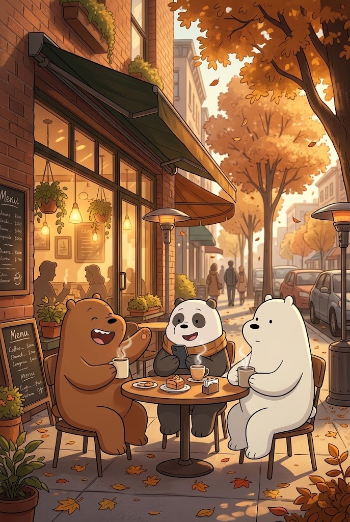 We Bare Bears cozy autumn coffee shop wallpaper