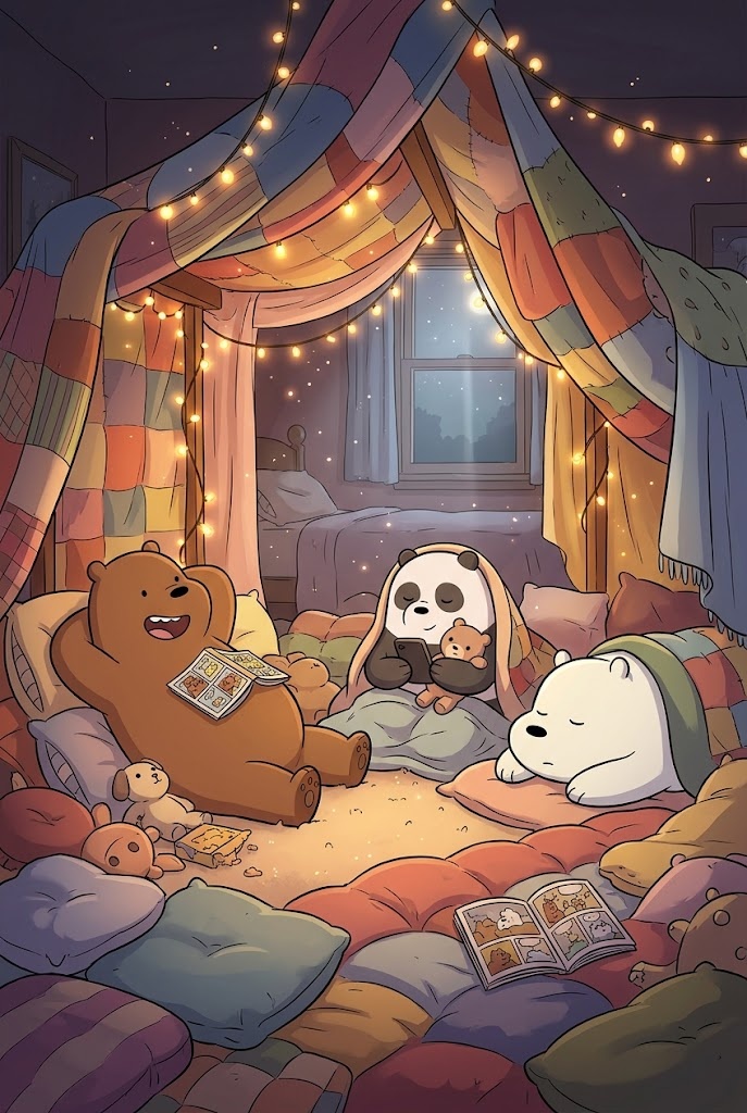 We Bare Bears cozy blanket fort bedroom wallpaper