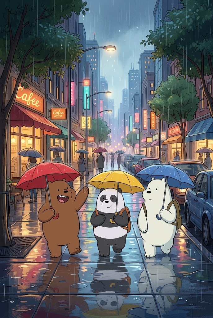 We Bare Bears rainy city umbrellas street wallpaper