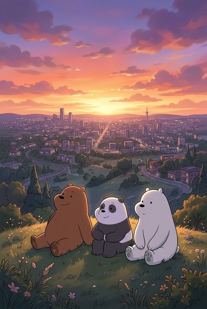 We Bare Bears sunset city view hill wallpaper
