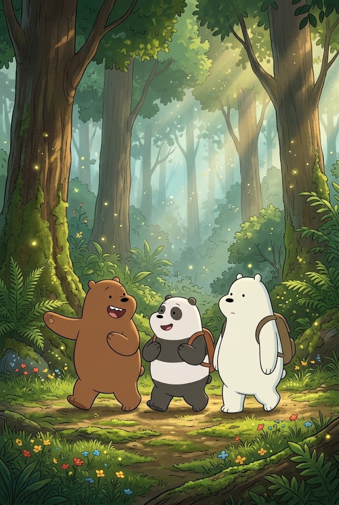 We Bare Bears walking lush forest cartoon wallpaper