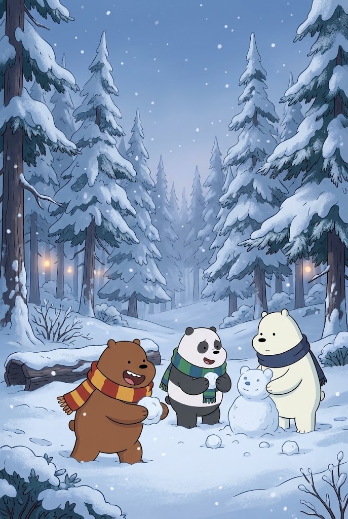 We Bare Bears winter snowy forest snowman wallpaper
